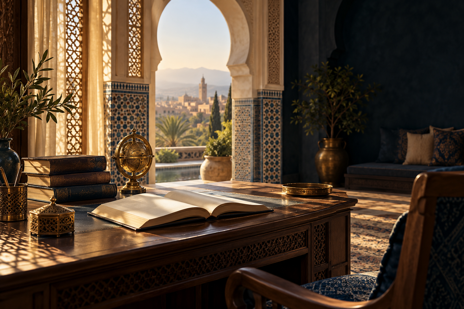 فضاء دراسة هادئ مستوحى من العمارة المغربية، مع كتب ومخطوطات